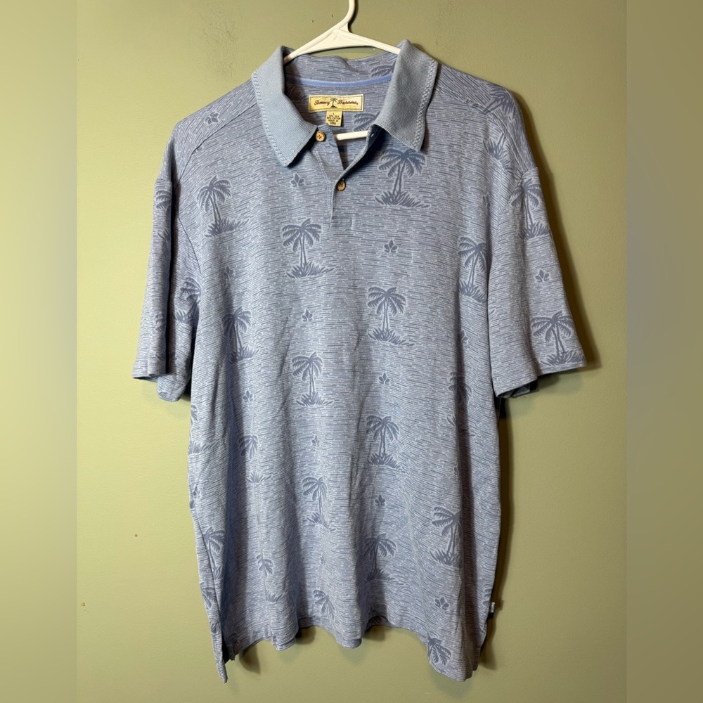 Tommy Bahama Men’s Short Sleeve Polo Shirt Blue Palm Trees‎ Silk Blend Large